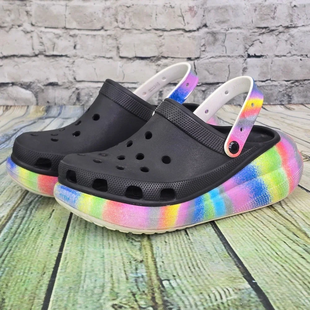 Crocs Classic Crush Clog Mens 11 Black Rainbow Tie Dye Chunky Platform Sandals